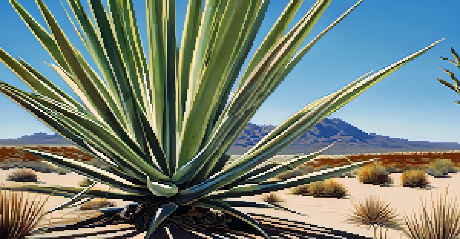 A yucca plant with sword-like leaves and tall flower spikes against a clear blue sky, showcasing its architectural beauty.