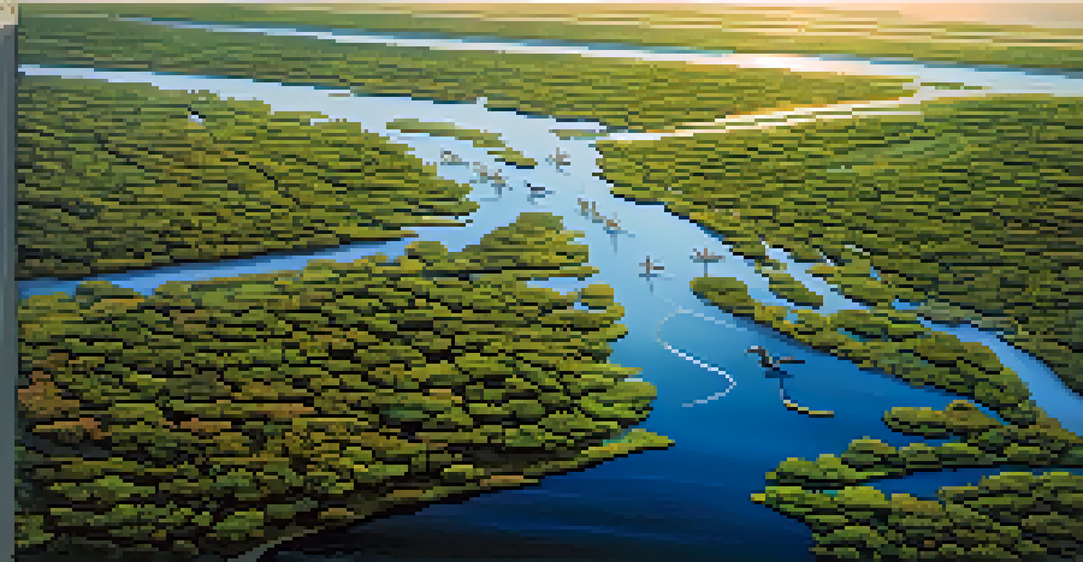 An aerial view of a coastal wetland with mangroves and salt marshes, showcasing wildlife and reflecting water under sunlight.