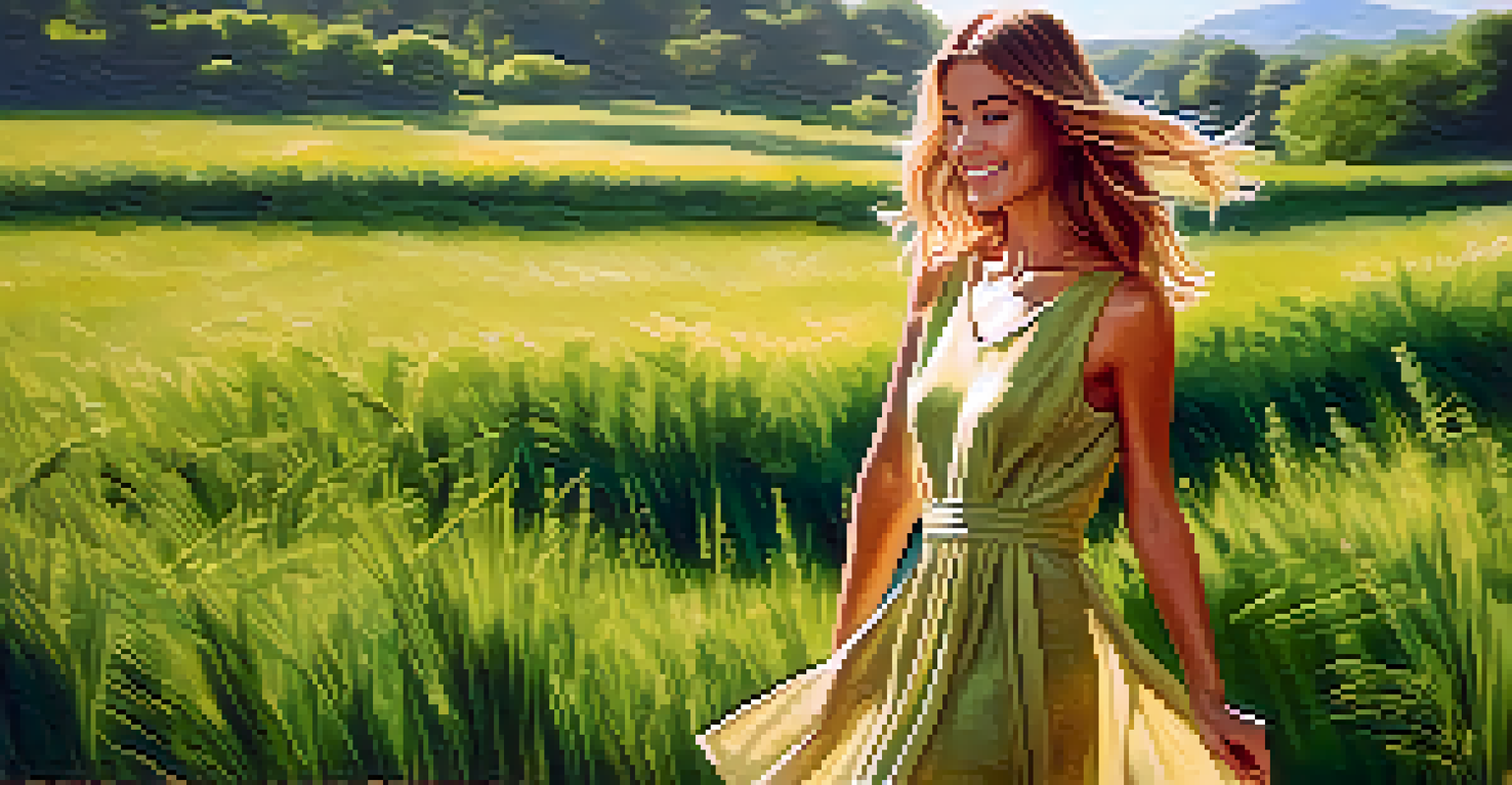 A model in a stylish hemp dress standing in a green field, smiling under the sunlight, promoting eco-friendly fashion.