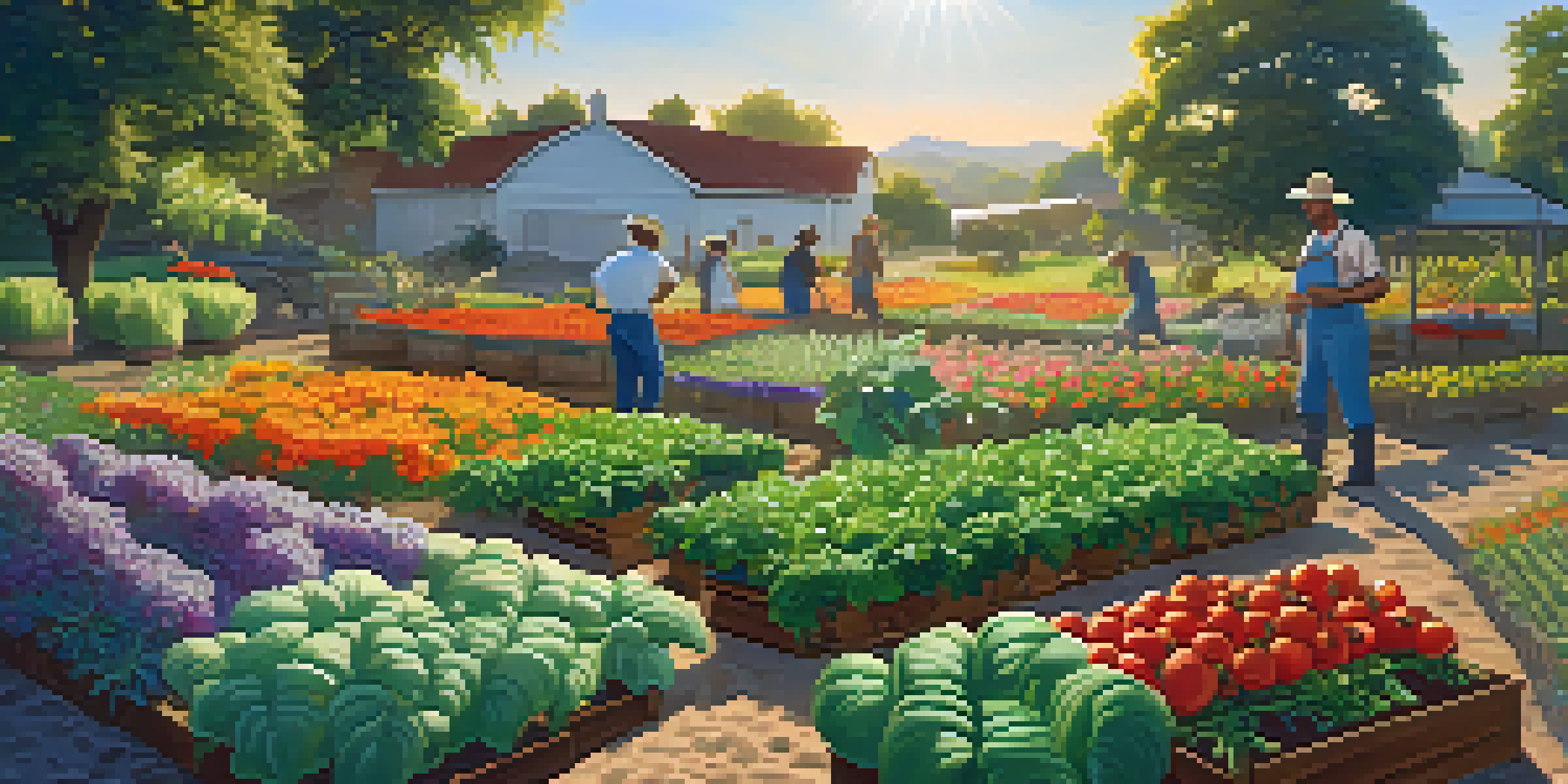 A diverse garden with various crops and flowers, under bright sunlight, with a farmer tending to the plants and insects flying around.