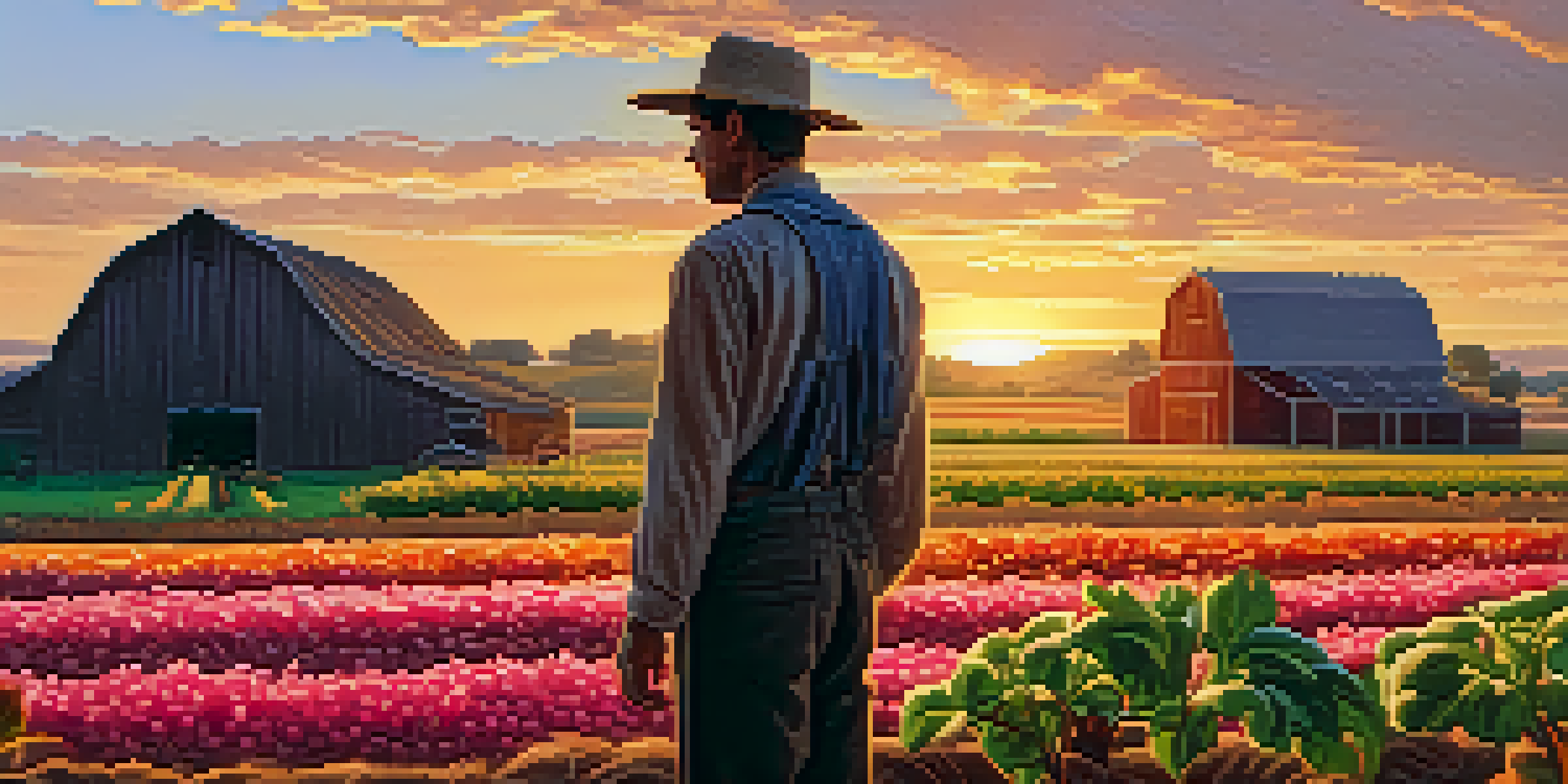 A traditional farm at sunrise with a farmer tending to crops, wooden barn, and a colorful sky.