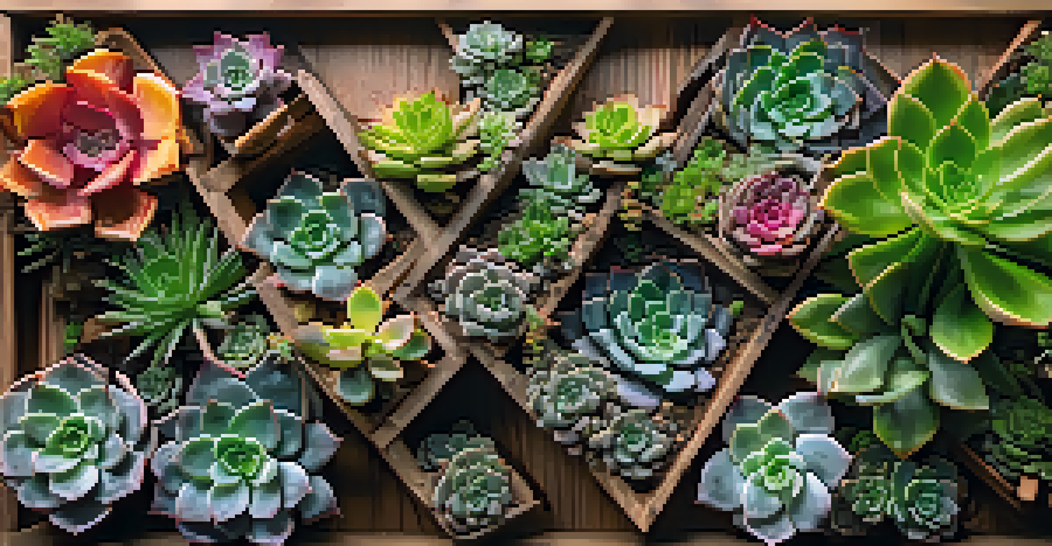 A vertical succulent garden with various plants arranged on a textured wooden wall, illuminated by soft ambient light.