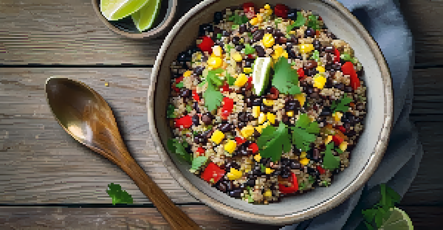 A nutritious quinoa salad with black beans, corn, and bell peppers in a rustic bowl on a light wooden background.