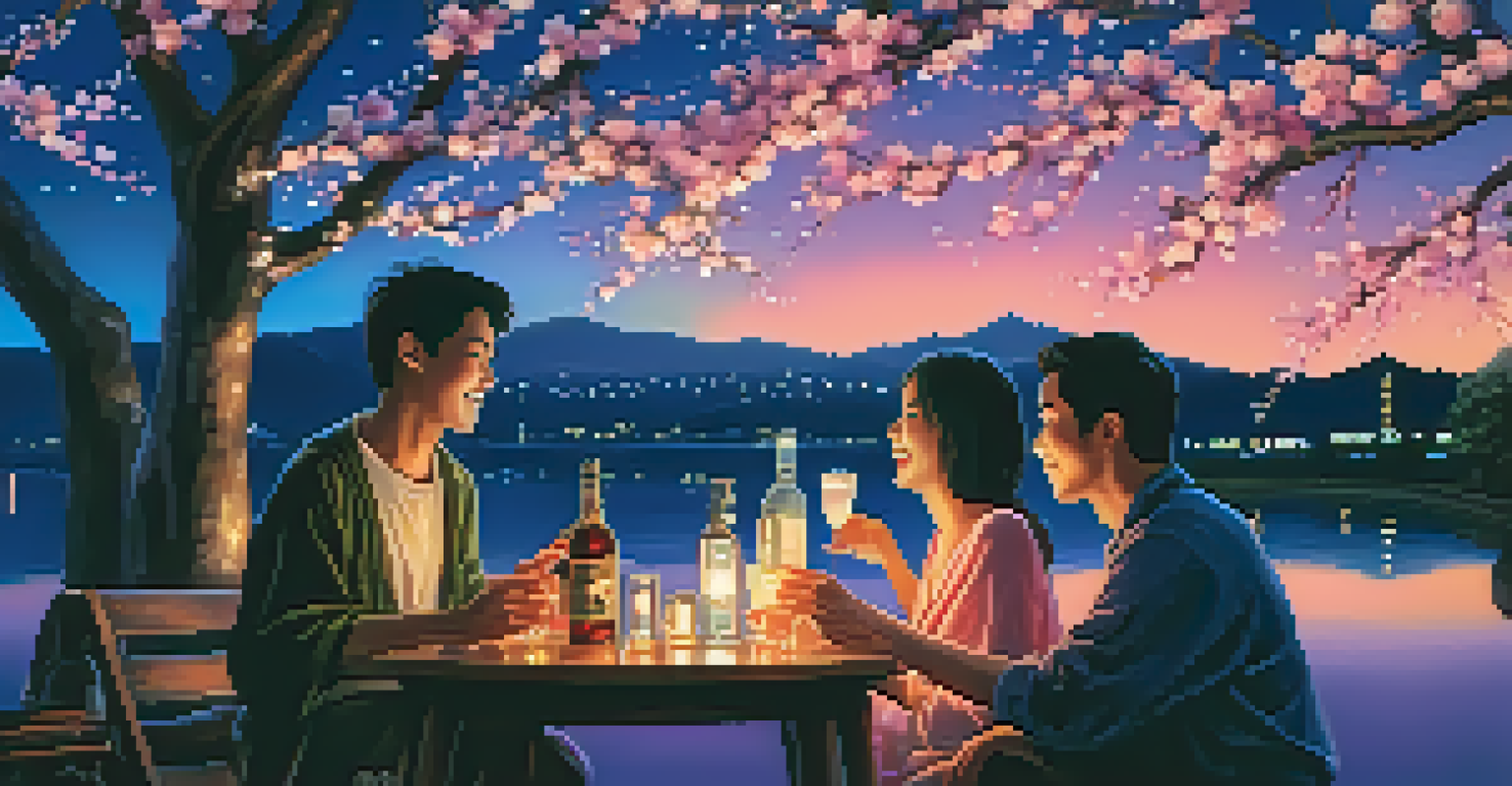 A captivating night scene of cherry blossoms lit by lanterns, with a group of friends enjoying drinks and laughter beneath the glowing trees.