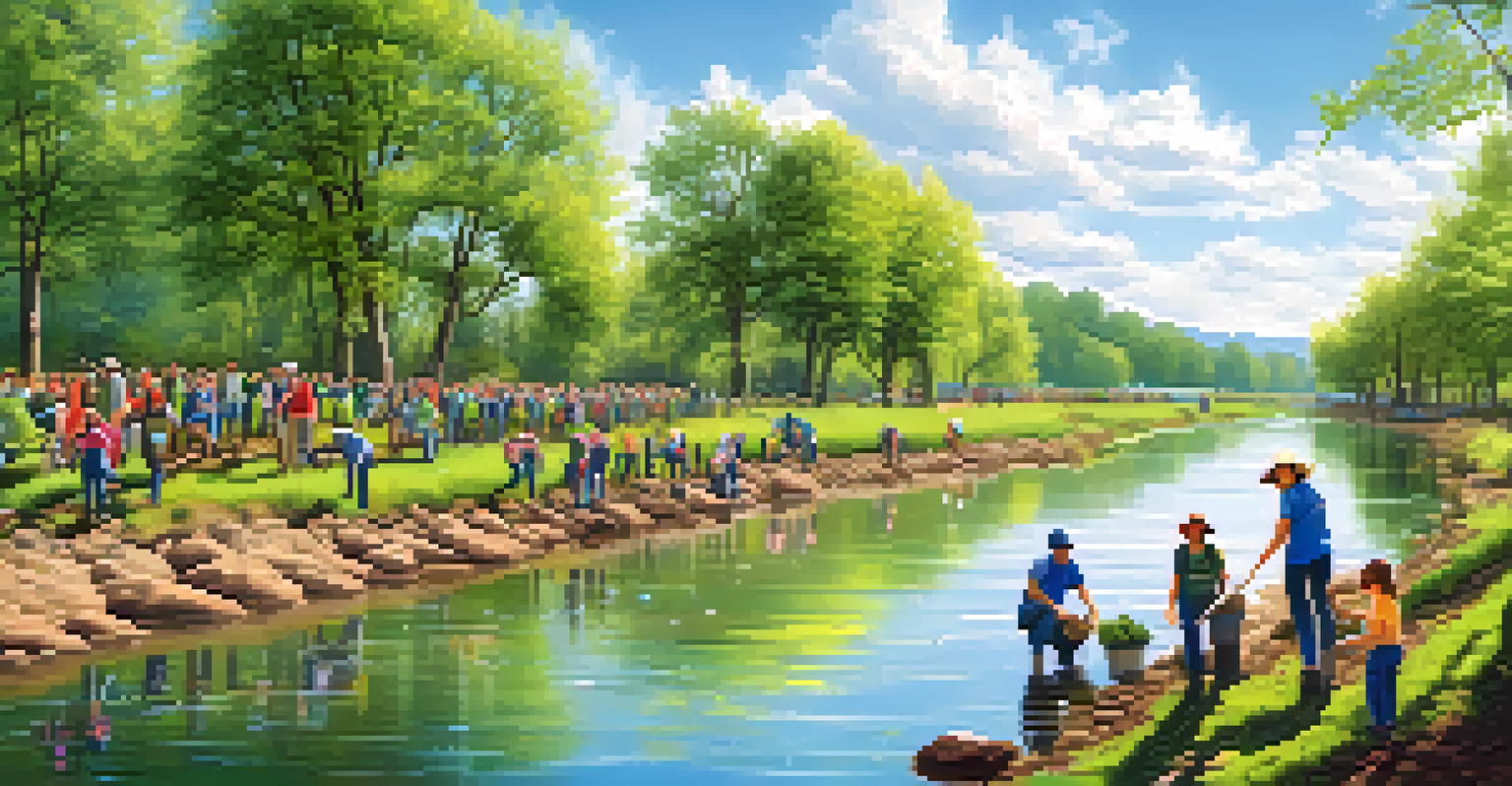 A community tree-planting event by a river, showing volunteers planting saplings and enjoying the natural surroundings.