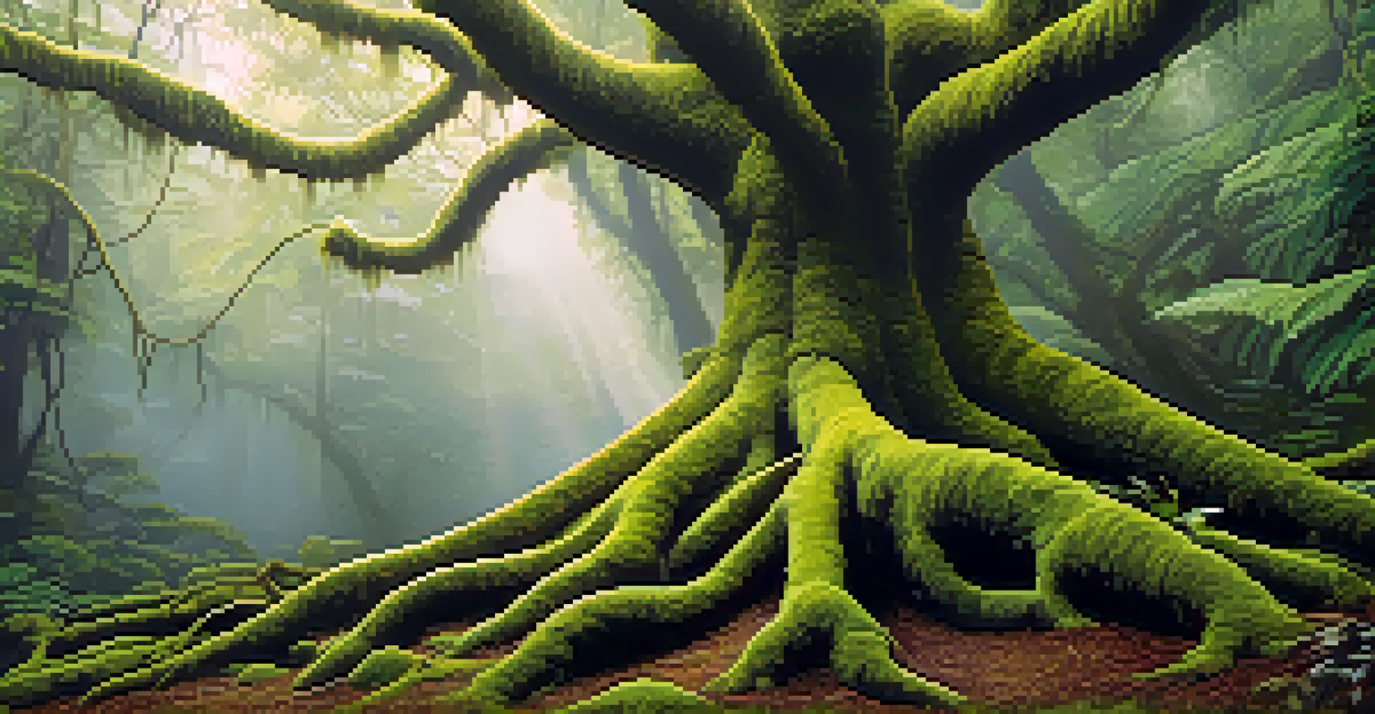 A close-up of a tree's roots intertwined with white fungi in a tropical rainforest, surrounded by moss and ferns.
