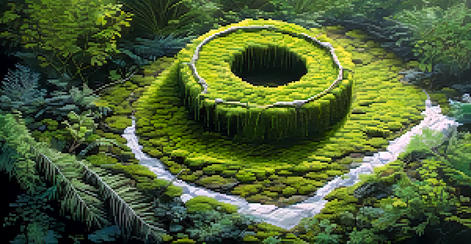 An aerial view of a plant branch with air layering setup, featuring moss and plastic wrap, in a lush garden.