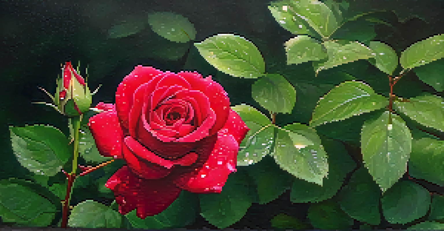 A close-up view of a red rose with dewdrops on its petals, surrounded by green foliage.