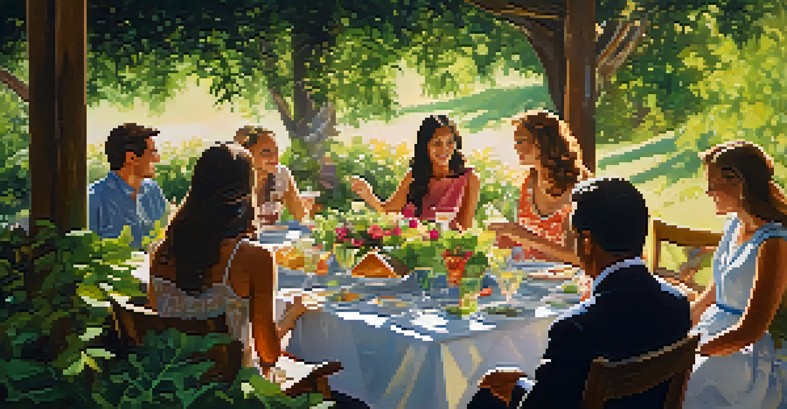 A cheerful outdoor luncheon surrounded by lush greenery and colorful flowers, with sunlight creating patterns on the scene.