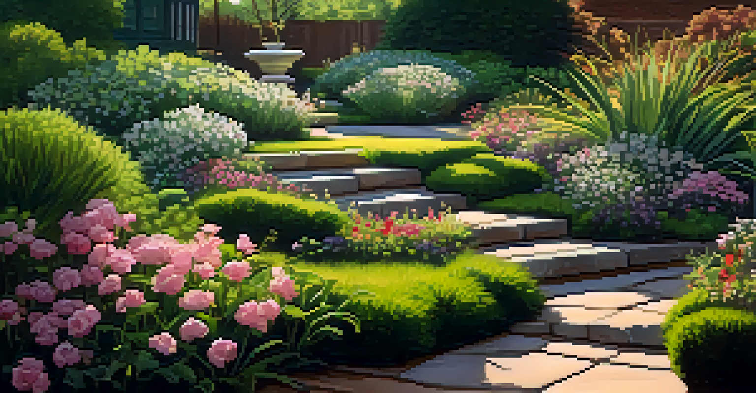 A serene garden scene showing mound layering with fresh shoots, surrounded by flowers and illuminated by sunlight.