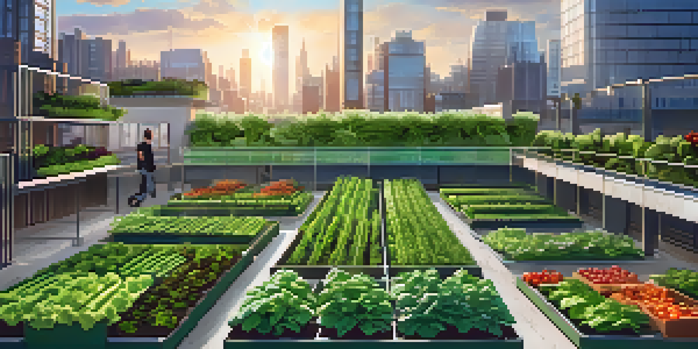 A rooftop garden in an urban setting filled with hydroponic systems and fresh vegetables against a city skyline.