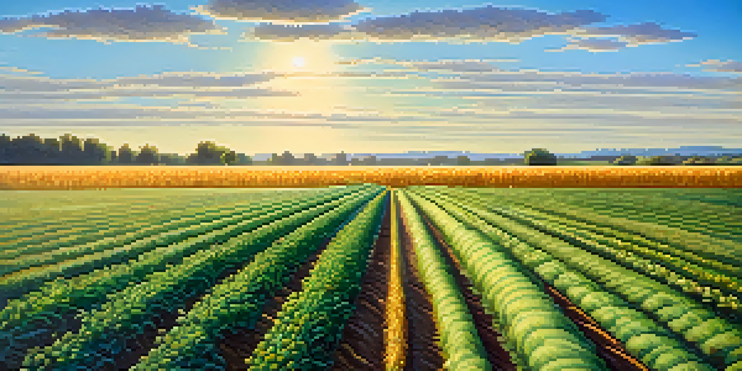 A colorful farm landscape with various crops in rotation, including green legumes and golden wheat, with a farmer examining the fields under a sunny sky.
