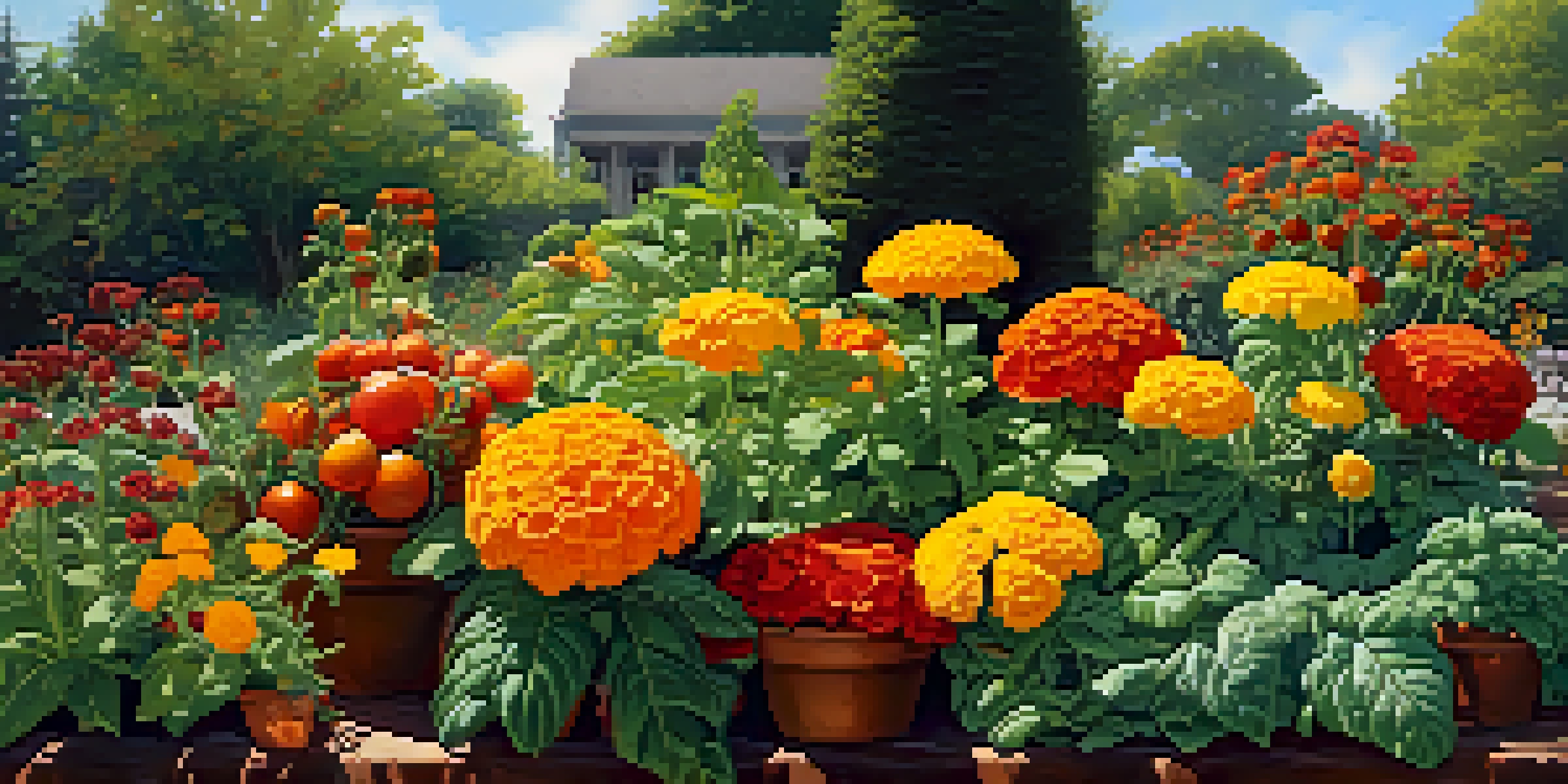 A colorful garden with marigolds, basil, and tomatoes, showcasing companion planting. Sunlight filters through the leaves, and bees and ladybugs are visible.