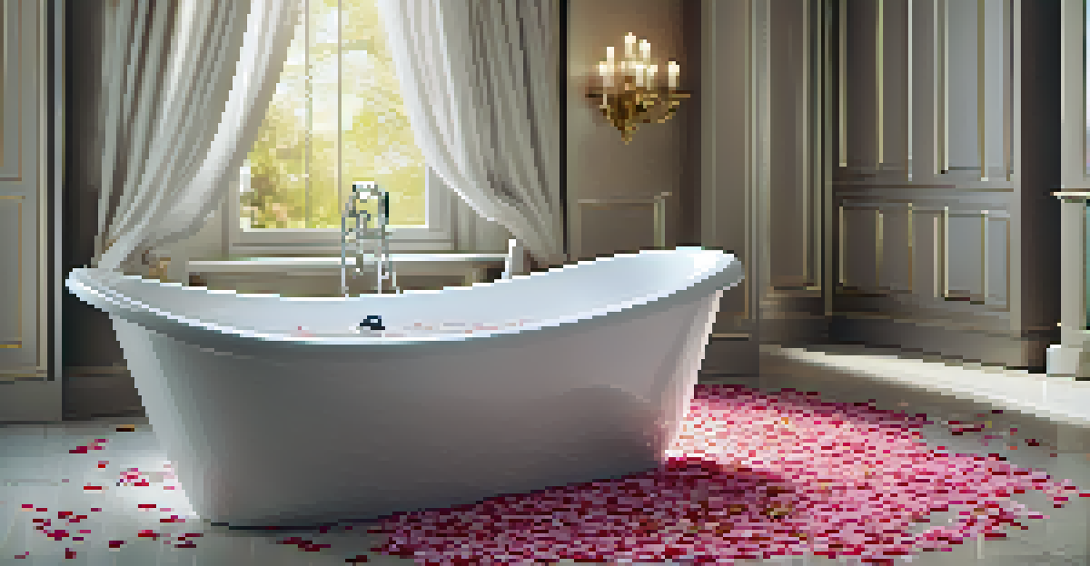 A luxurious bathroom with a bathtub filled with water and rose petals, chamomile oil on the edge, and soft towels, bathed in calming light.
