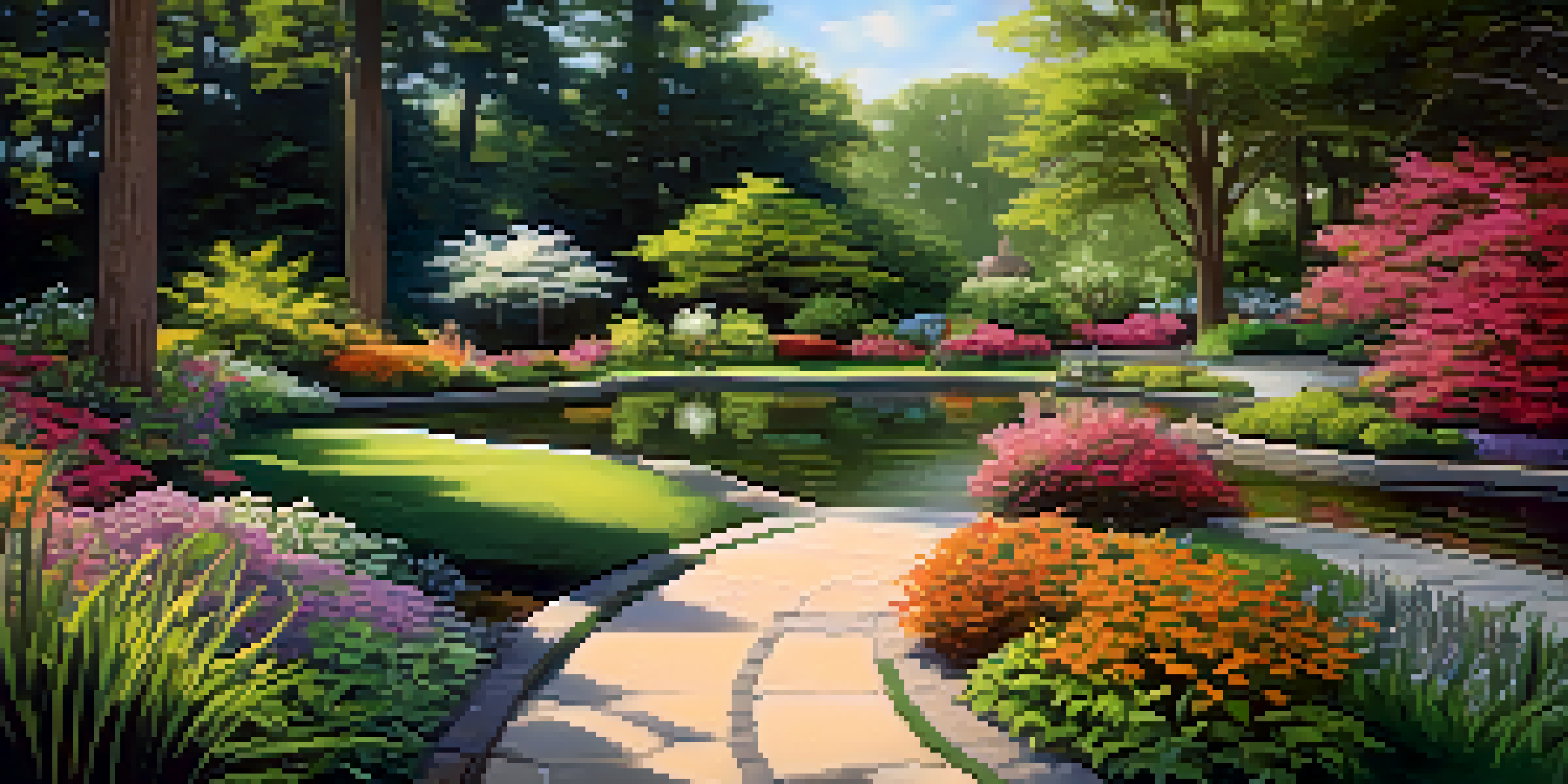 A colorful botanical garden with various plants, flowers, and a reflective pond, bathed in warm sunlight.