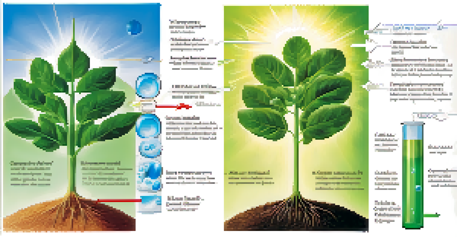 A split image depicting photosynthesis, with one side showing the sun and a plant, and the other side illustrating the chemical process of photosynthesis.
