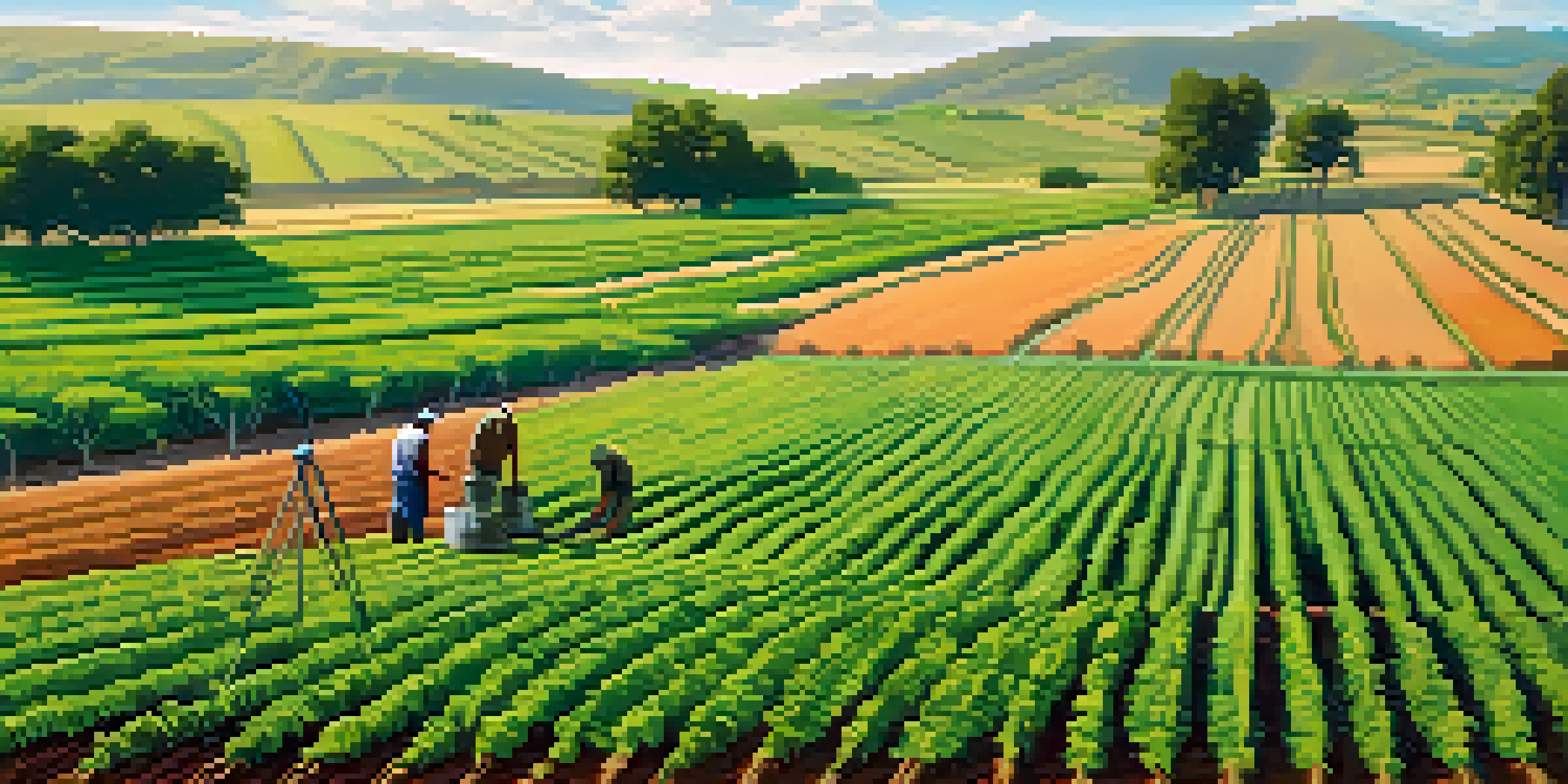 A farmer inspecting a drip irrigation system in a green crop field under a clear sky.