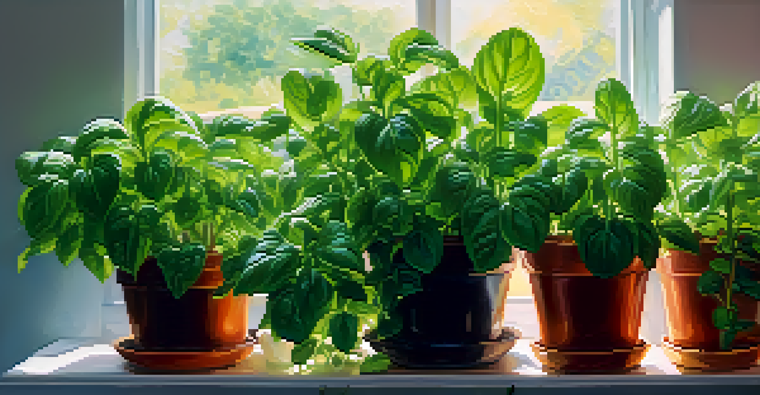 Close-up view of fresh basil and mint plants in a hydroponic system, showcasing vibrant green leaves with sunlight illuminating their texture.