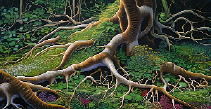 A detailed close-up of garden soil showing white mycorrhizal fungi entwined with plant roots, surrounded by colorful flowers and green leaves under soft sunlight.