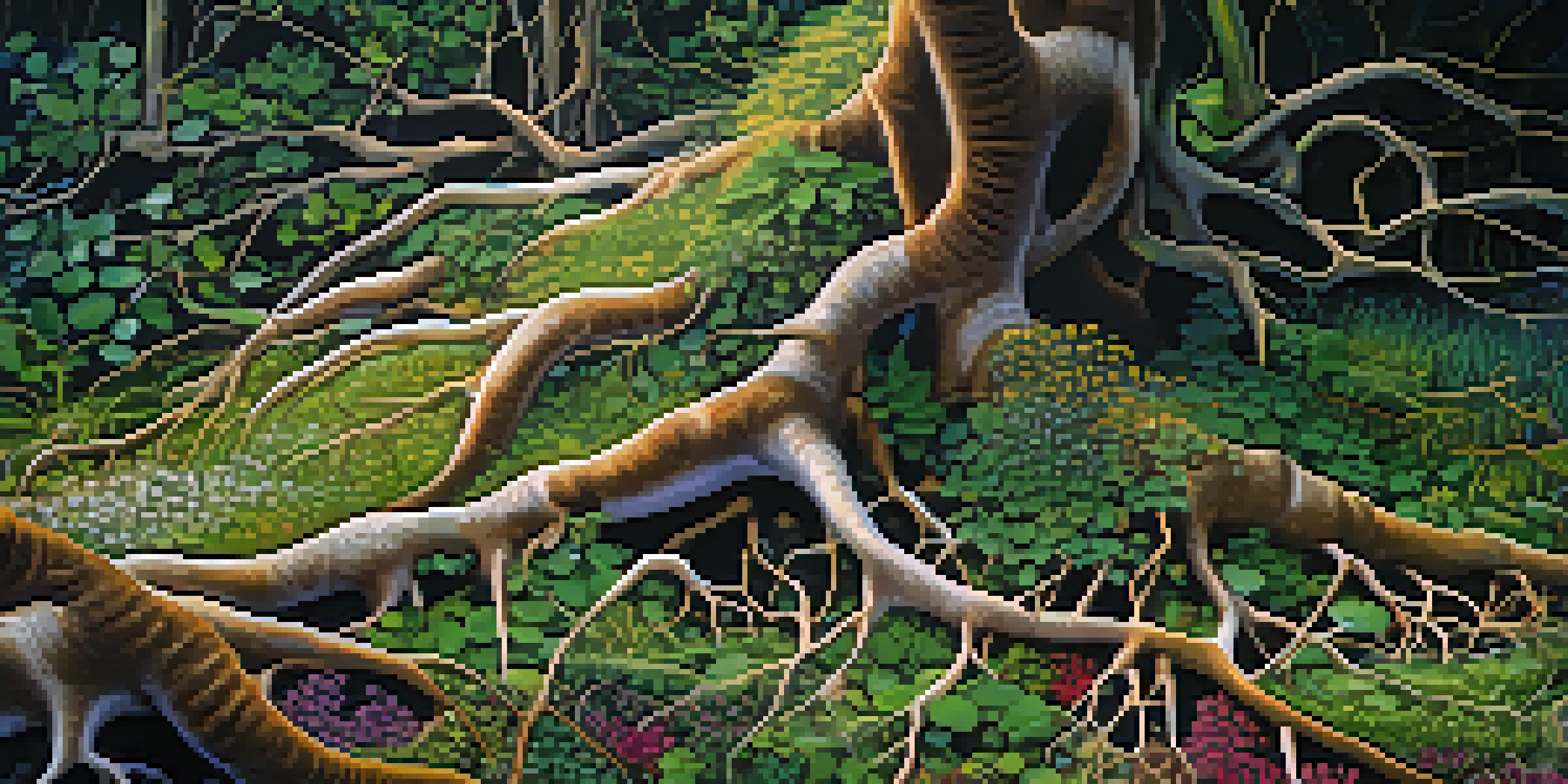 A detailed close-up of garden soil showing white mycorrhizal fungi entwined with plant roots, surrounded by colorful flowers and green leaves under soft sunlight.
