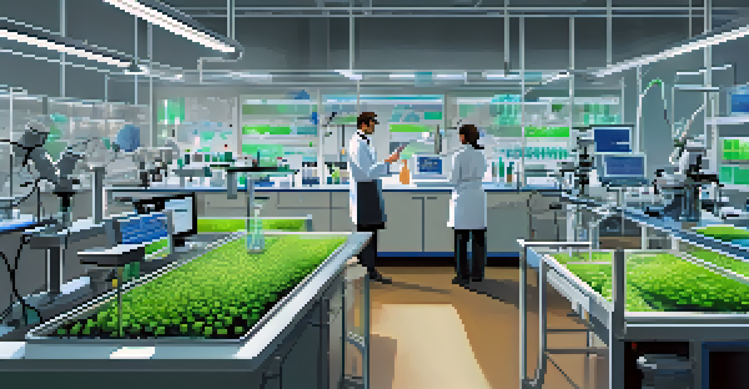 A laboratory where scientists study plant samples and advanced biofuel technologies, with equipment and charts enhancing the innovative atmosphere.