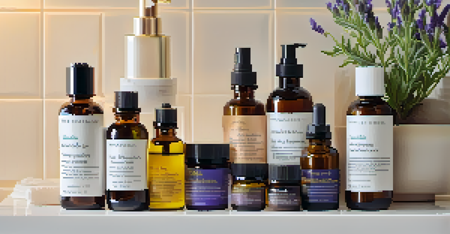 A bathroom shelf displaying plant-derived skincare products, including essential oils and herbal extracts, alongside a potted lavender plant, illuminated by warm light.