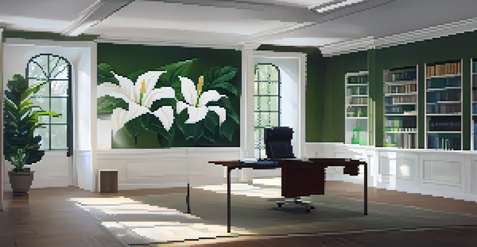 A serene office space with a peace lily on a desk, softly lit to create a calming atmosphere.