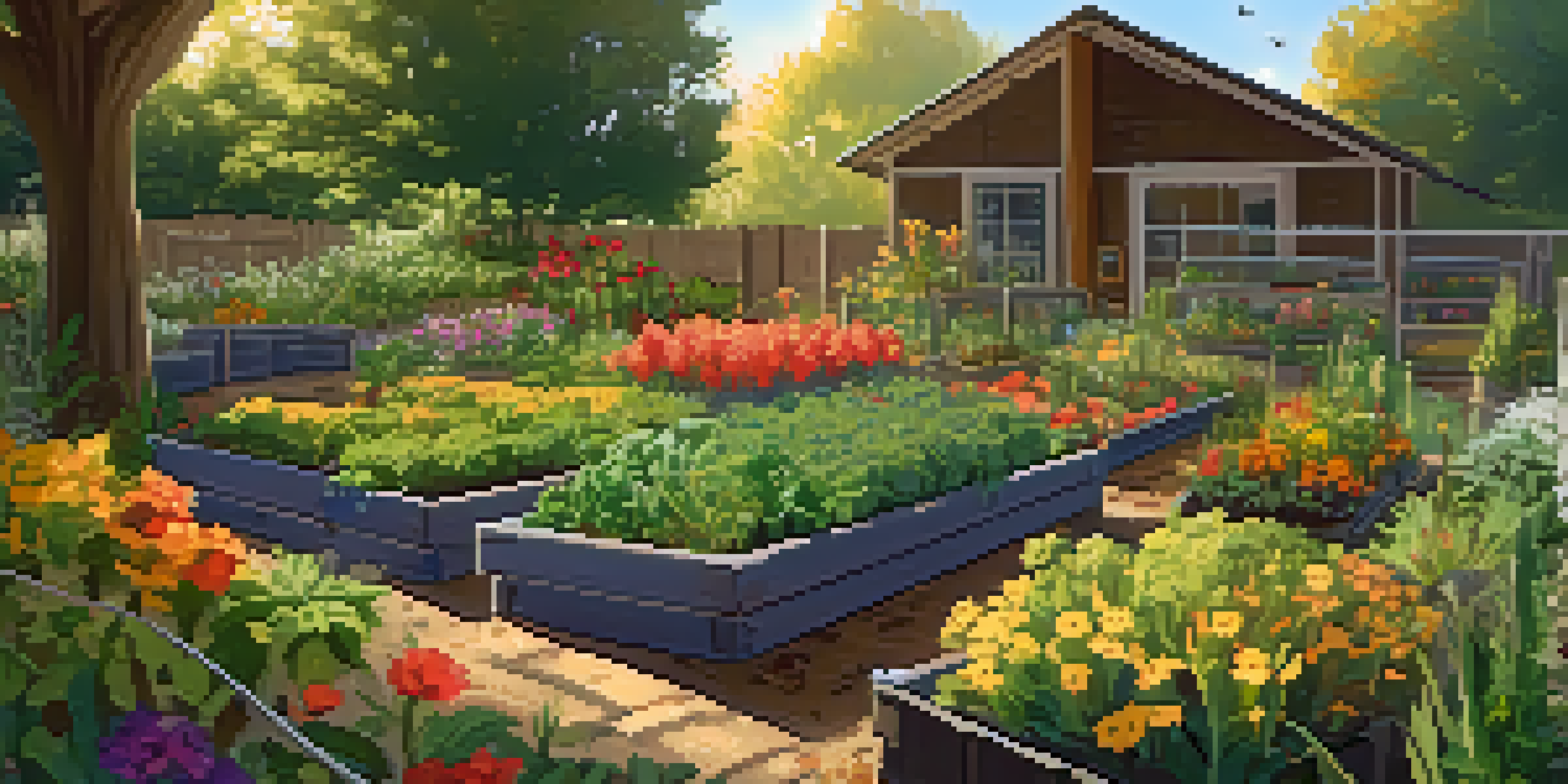 A colorful permaculture garden with raised beds of vegetables and herbs, illuminated by golden sunlight.