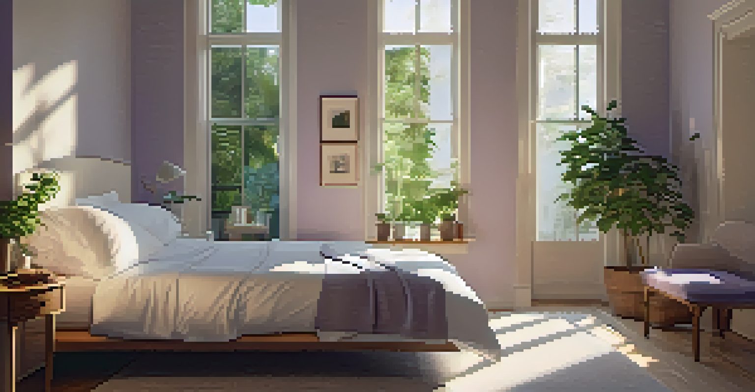 A tranquil bedroom featuring calming indoor plants and soft lighting, with a neatly made bed and a window view of greenery.