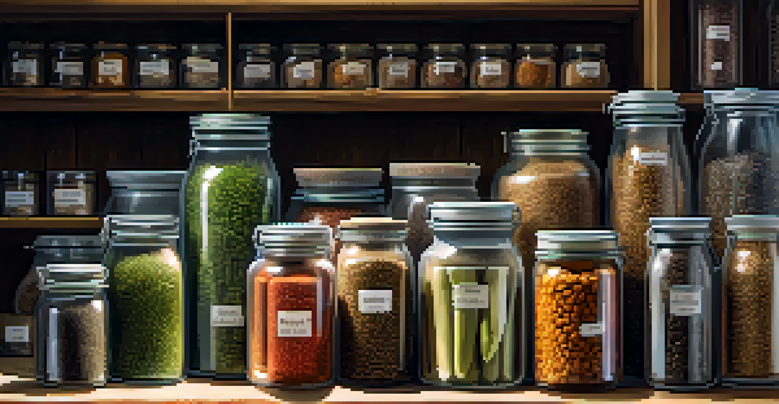 A well-organized seed storage area with labeled glass jars filled with seeds and fresh herbs in pots.