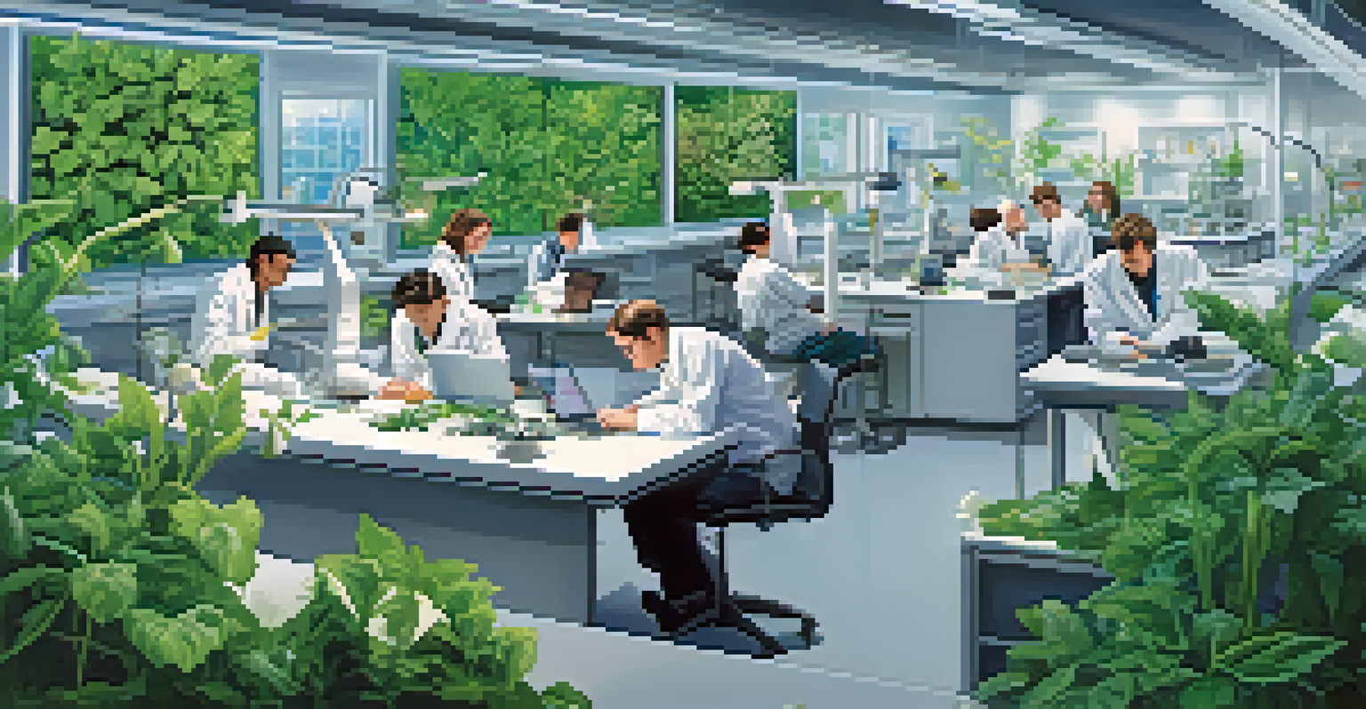 Scientists in a laboratory working with plant specimens and advanced technology, collaborating on research.