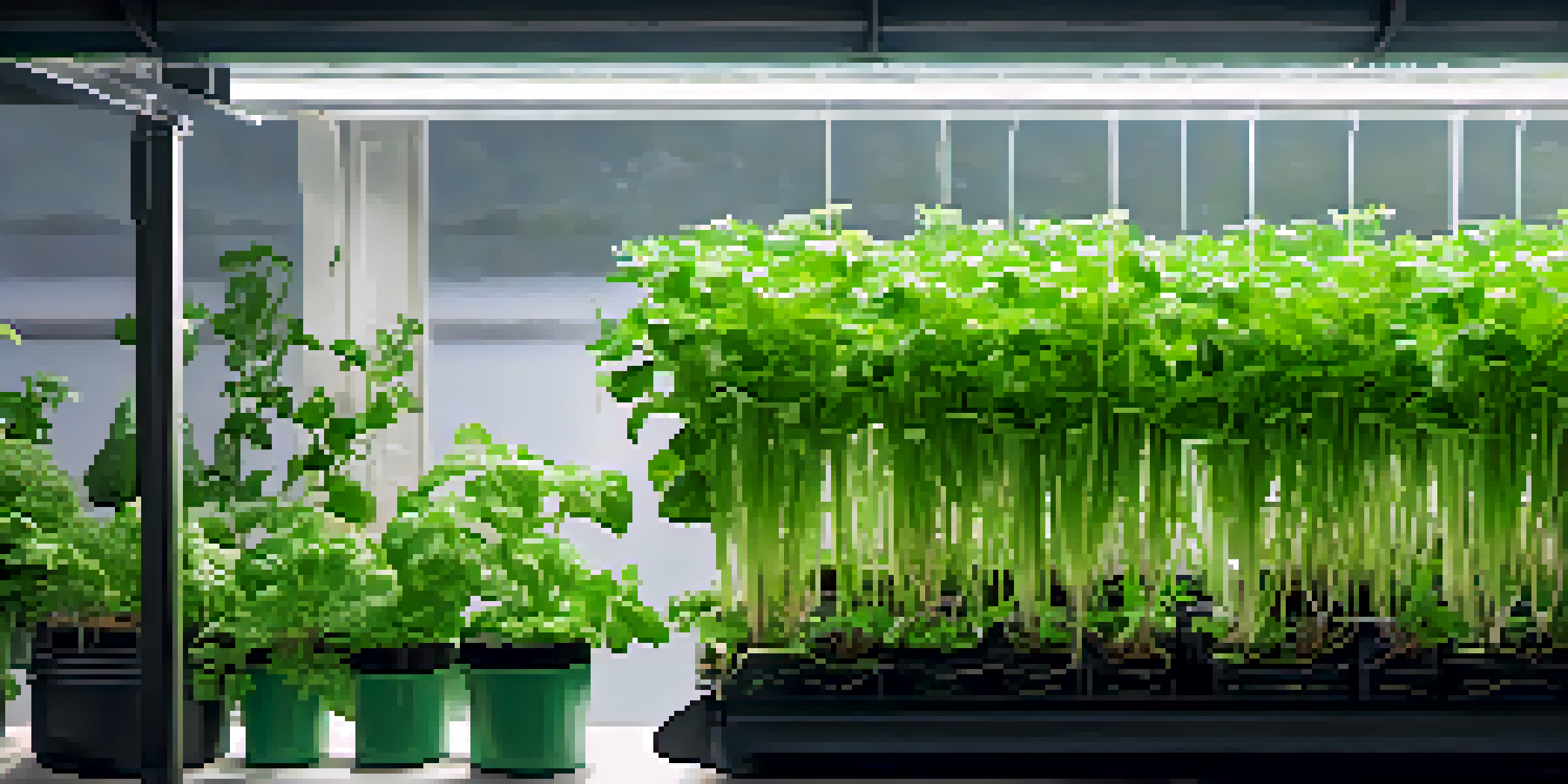 An indoor hydroponic garden with leafy greens and herbs arranged in vertical rows, illuminated by sunlight from large windows.
