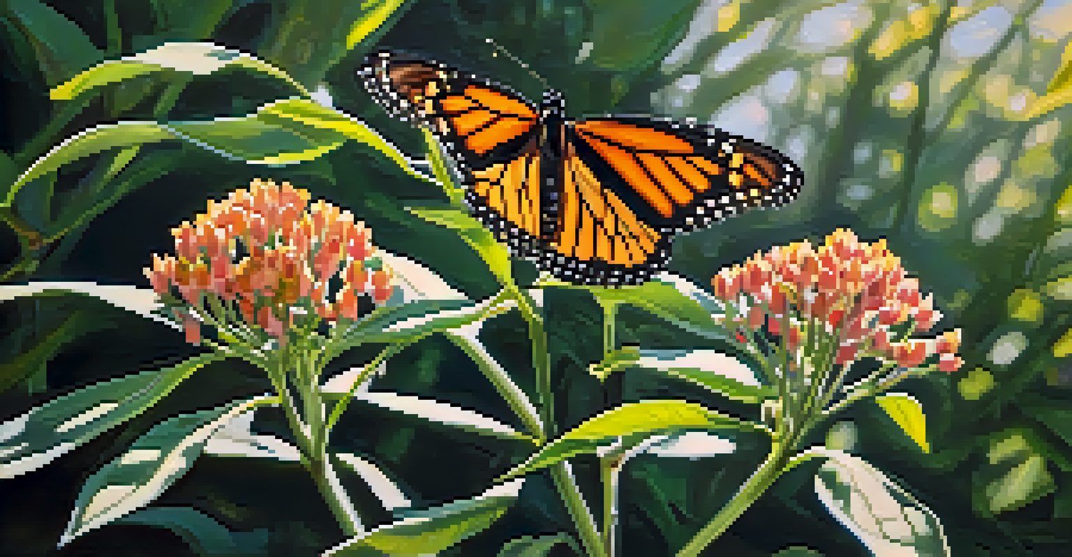 Close-up of milkweed flowers with a monarch butterfly resting on them, surrounded by blurred green foliage.