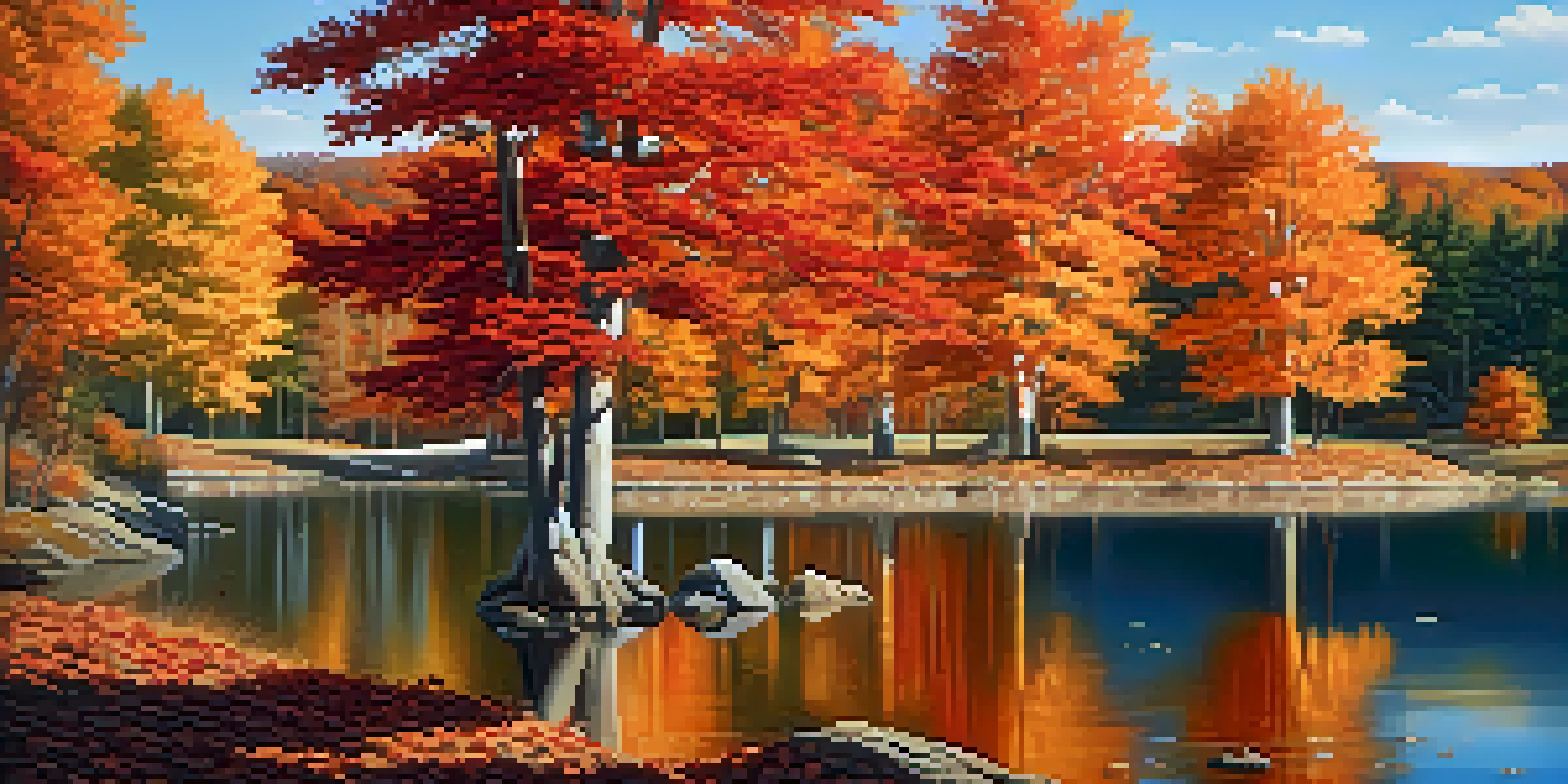 A beautiful autumn landscape with colorful sugar maple trees and a lake reflecting the vibrant foliage.