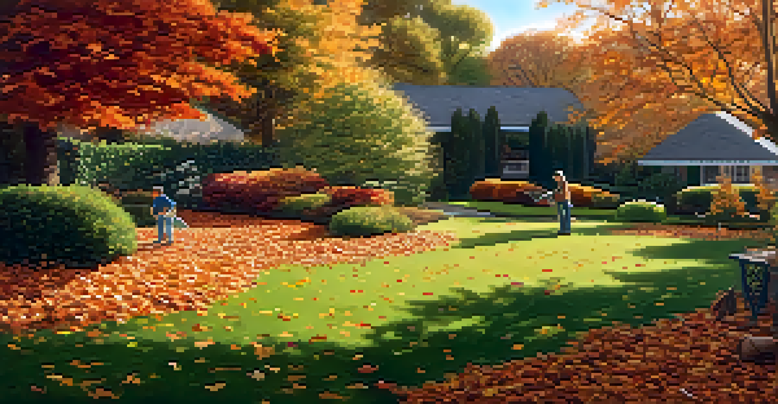 An autumn garden with a gardener collecting fallen leaves for mulch, showcasing warm leaf colors against green grass.