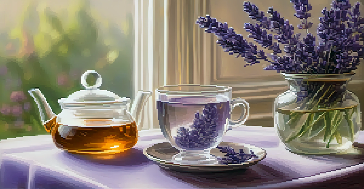 A tranquil arrangement of lavender flowers in a glass vase, with lavender essential oil and a candle in a softly lit room.