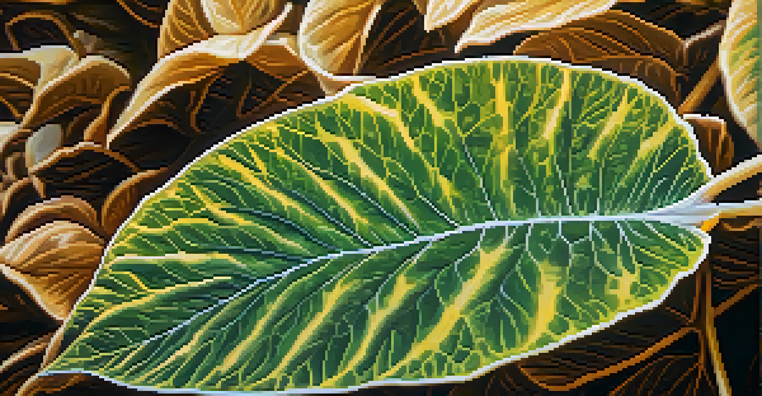 A close-up of a leaf showing yellowing due to magnesium deficiency, with healthy leaves in the background.