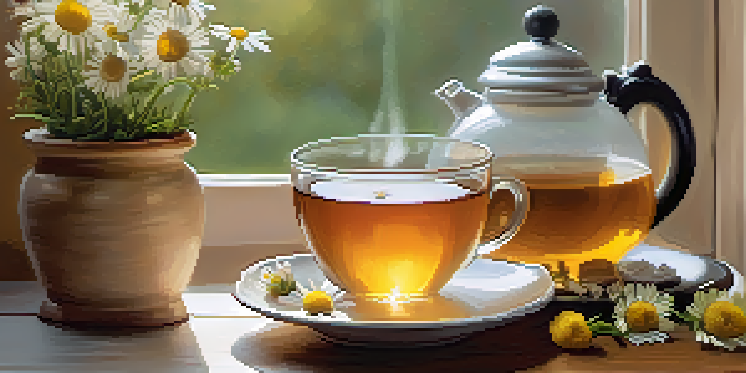 A calming scene featuring a cup of chamomile tea on a wooden table with fresh chamomile flowers and a honey jar, illuminated by soft natural light.