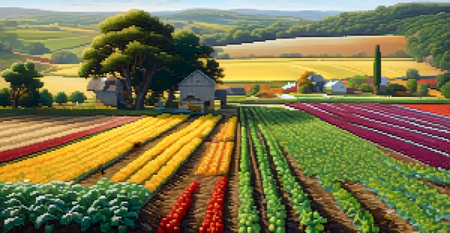 A farm with diverse crops growing together, illuminated by warm afternoon light, with pollinators visible.