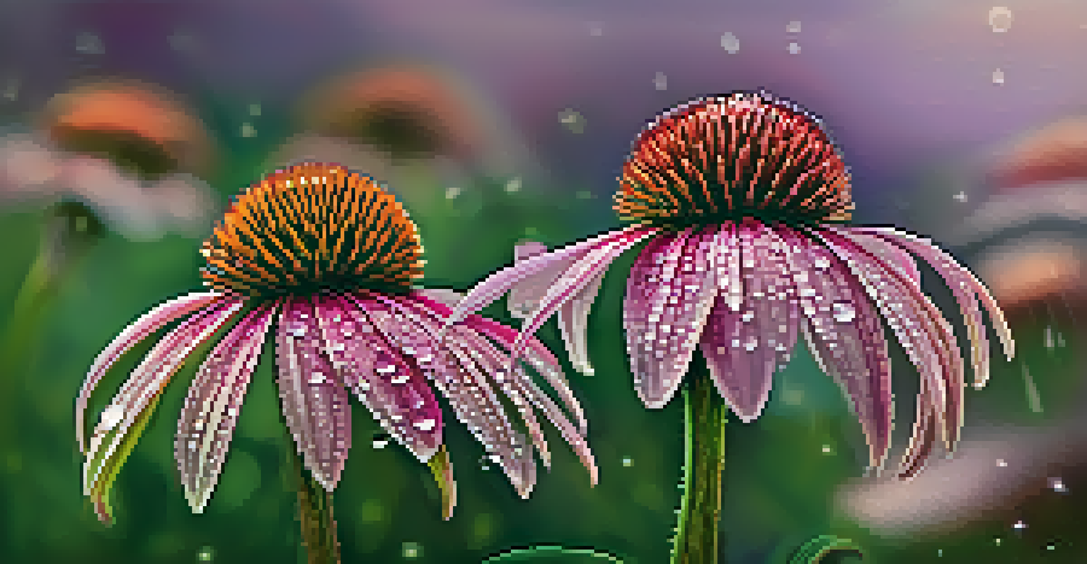 A close-up view of a blooming echinacea flower with dew droplets, showcasing its vibrant colors and delicate textures.