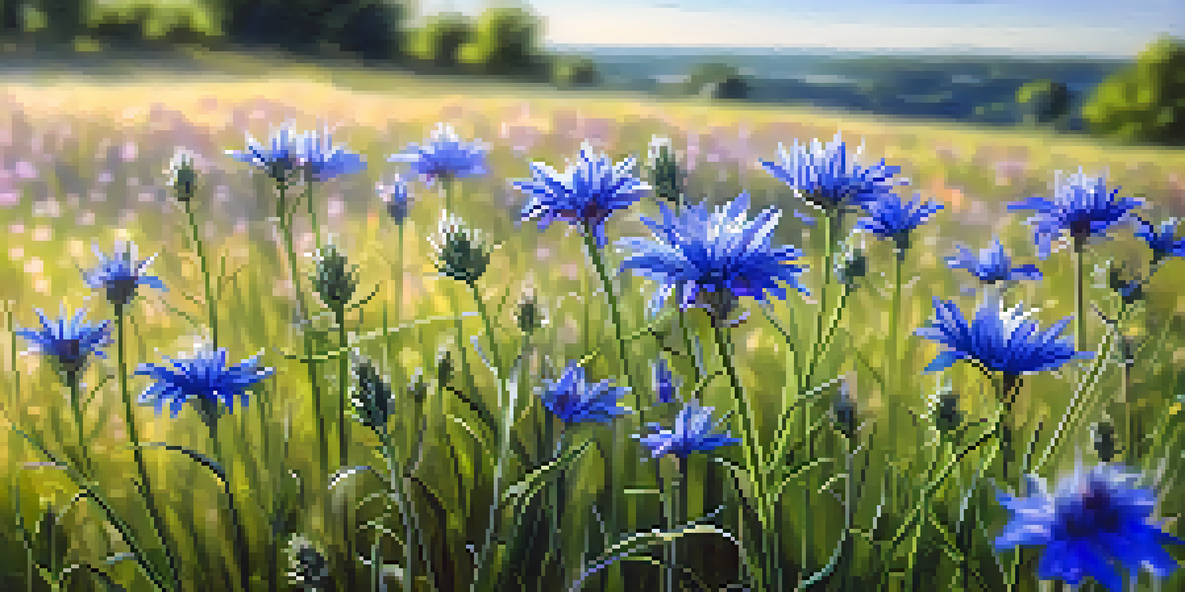 A close-up view of bright blue cornflowers in a sunny meadow, with soft sunlight illuminating the petals.