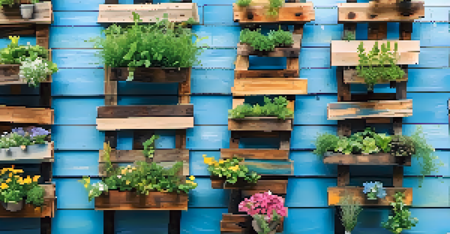 A DIY vertical garden created from wooden pallets, filled with flowers and herbs in a sunny backyard.