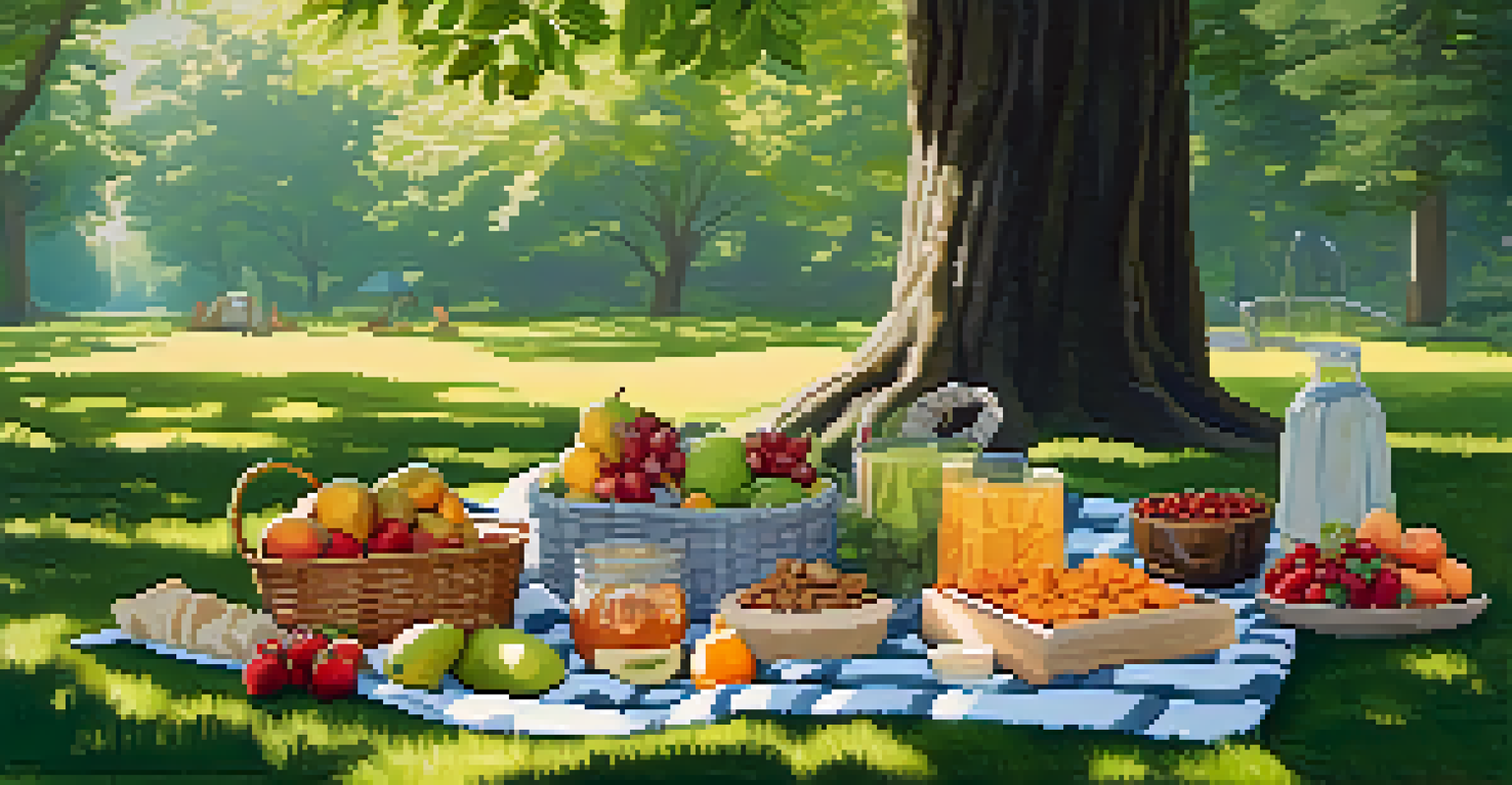 A tranquil outdoor picnic scene with a blanket full of plant-based snacks and fruits, surrounded by greenery.
