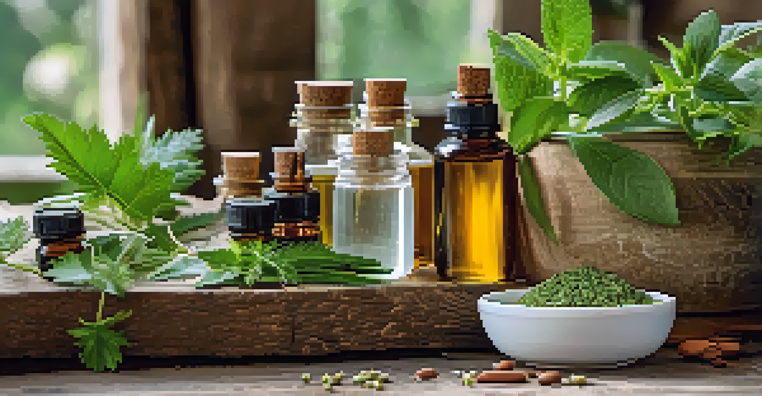 Natural pest remedy ingredients displayed on a wooden table with fresh herbs and garden tools.