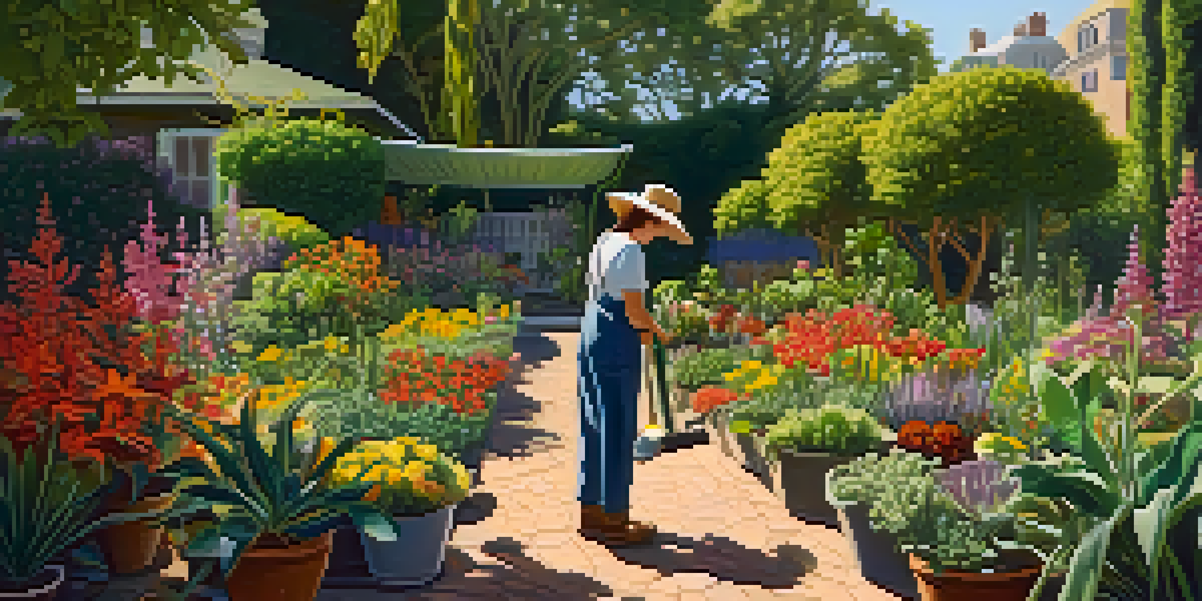A gardener inspecting healthy plants in a vibrant garden filled with green leaves and colorful flowers under sunlight.