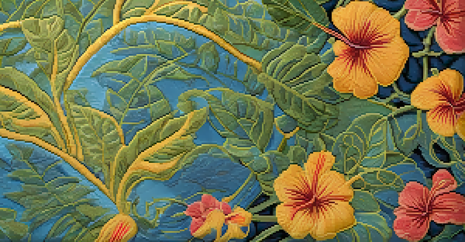 A close-up view of a dyed fabric displaying intricate patterns and colors from plant-based dyes, with natural dye materials blurred in the background.