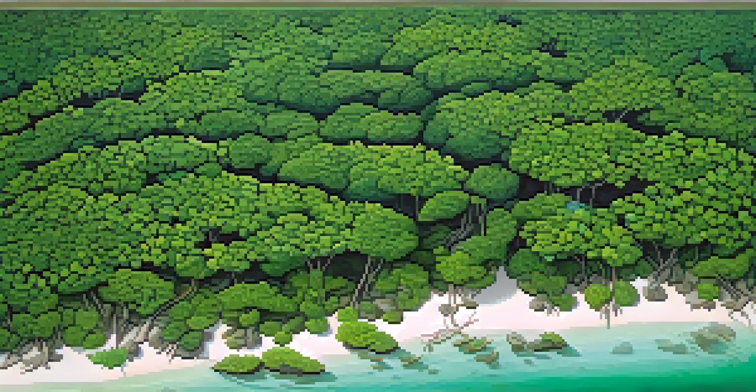 Aerial view of a lush mangrove ecosystem with green foliage and turquoise water, showcasing fish among the roots.