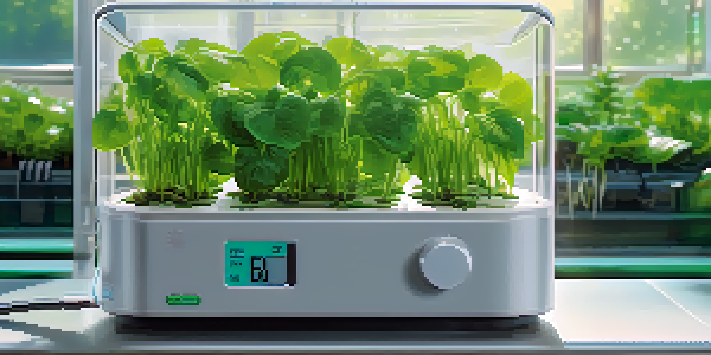 A detailed view of a hydroponic system with green plants and a pH meter showing a reading of 6.0, illuminated by soft sunlight in a greenhouse.