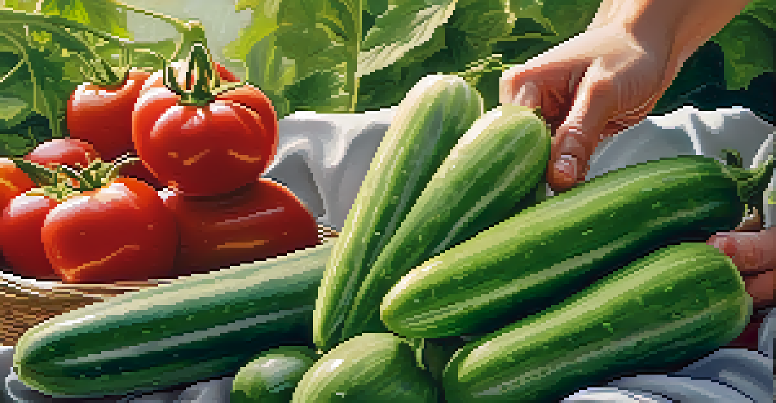 A close-up of freshly harvested vegetables, including tomatoes, cucumbers, and lettuce in morning light.