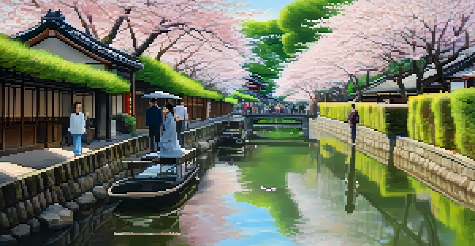 A peaceful canal path in Kyoto lined with cherry blossom trees, with reflections in the water and a couple walking.